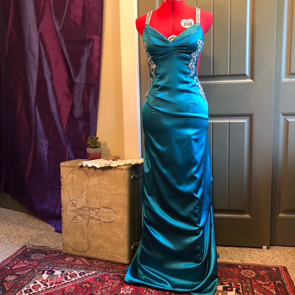 Rhinestone and Satin Gown with Train